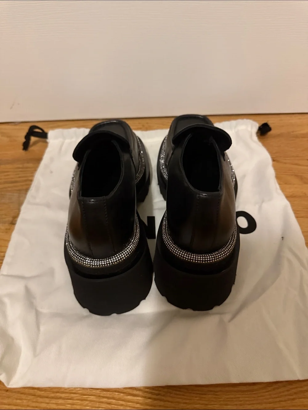 Sandro Black Leather Loafers with Crystal-Trim Lug Sole